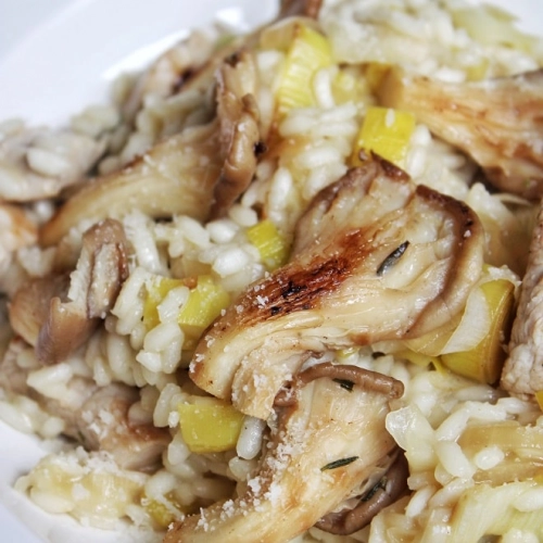 Risotto poireaux, pleurotes et poulet