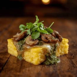 Polenta gratinée aux champignons et pesto de cresson