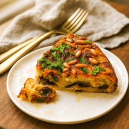Tortilla aux aubergines confites, tomates séchées et pignons de pins