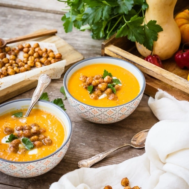 Soupe de butternut aux pois chiches rôtis