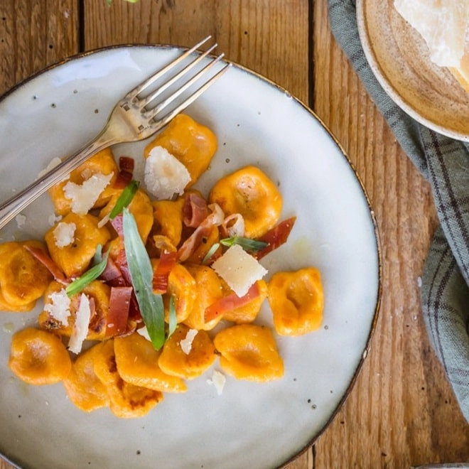 Gnocchis de patates douces, parmesan et jambon cru