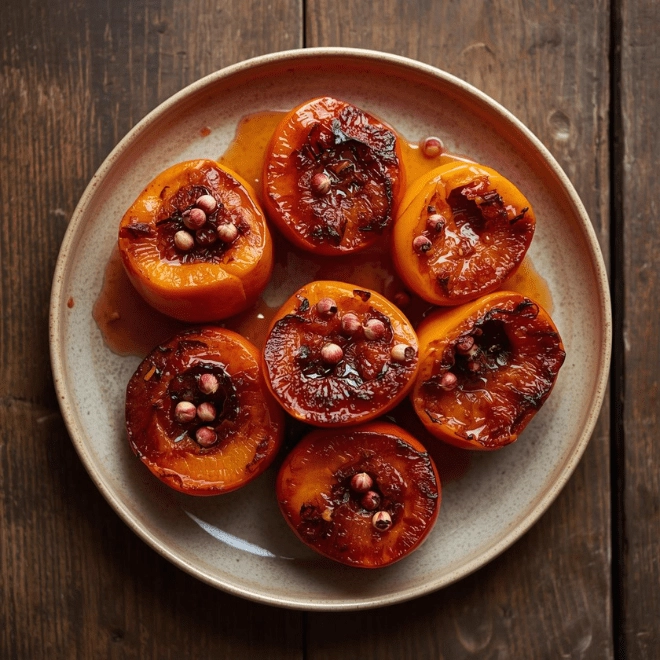 Kakis rôtis au miel et baies roses